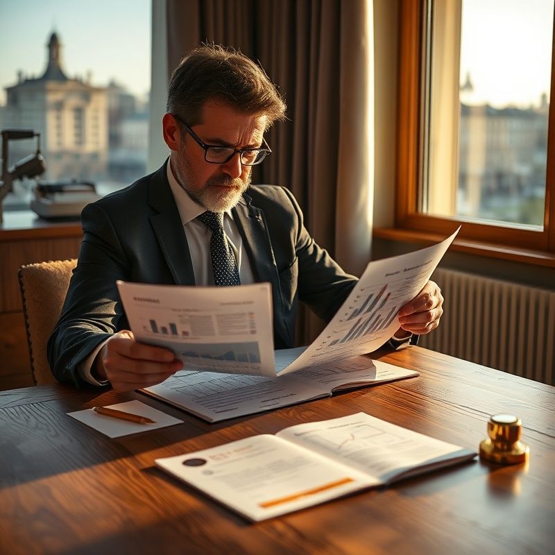 Consultant senior analizând un raport financiar la o masă din stejar